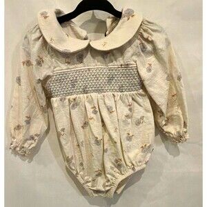 Modern Moments by Gerber Ivory Cotton Knit Floral Smocked Collar Romper 6-9M